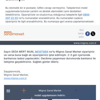 Migros Sanal Market’te Stok Yetersizliği Nedeniyle Siparişin 1033,34 TL’lik İadesi Gelmedi