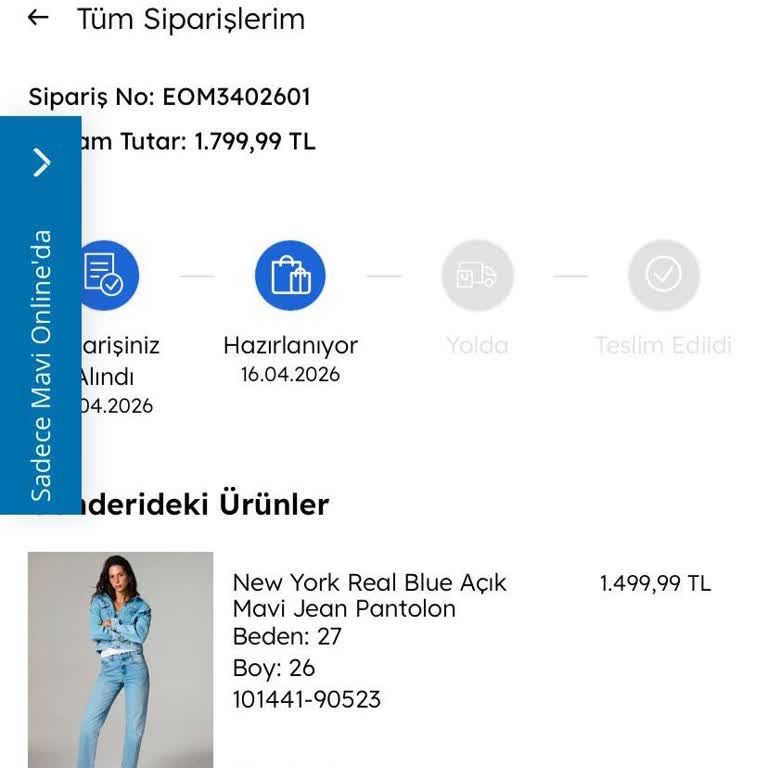 Mavi'de Siparişim Hazırlanıyor Görünüyor Ve İptal Edilemiyor