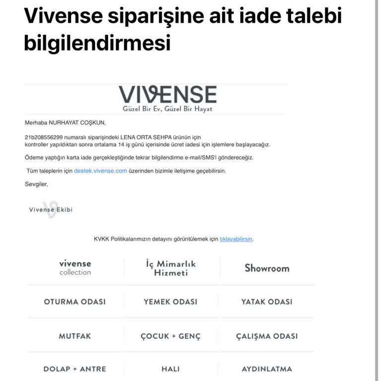 Vivense'den Orta Sehpa İadesi İçin Geri Ödeme Yapılmıyor