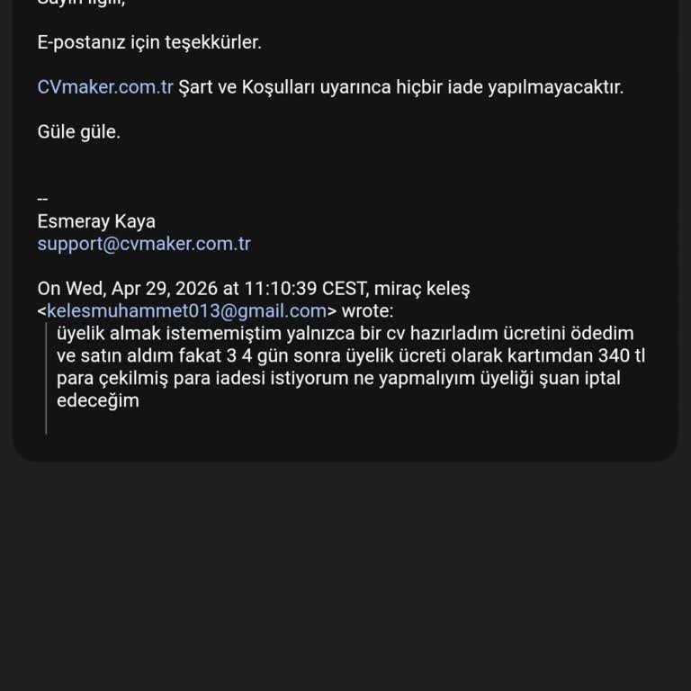 Cvmaker.com'da Yanıltıcı 20 TL Ücreti Ve Sonradan Çekilen 340 TL Haksız Üyelik Ücreti