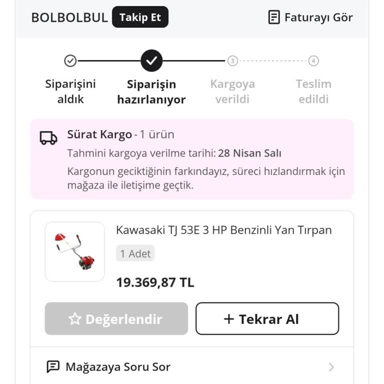 Kawasaki TJ53E Tırpan Siparişi Kargo Gecikmesi Ve Satıcı İletişimsizliği