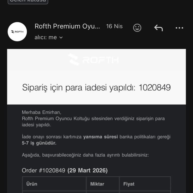 Rofth Koltuğu Siparişinde Uzun Teslimat Gecikmesi Ve Para İadesi Sorunu