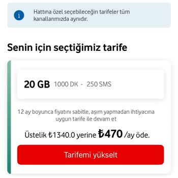 Vodafone Yüksek 20 GB Tarife İçin Düşük Ücretli Pakete Geçiş Talebi