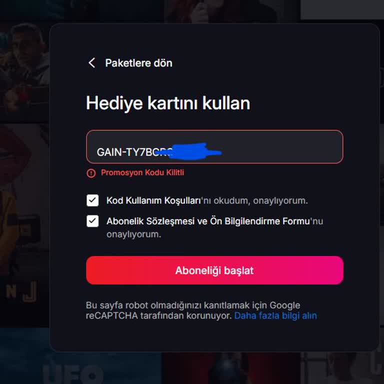 Promosyon Kodu Kilitli Olduğu İçin Ücretsiz Gain TV Hakkım Kullanılamıyor