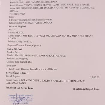Yüreğir Beko Yetkili Servisinin Çelişkili Teknik Raporu Ve Maddi Mağduriyet