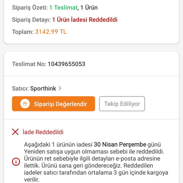Sporthink Kutu Hasarı Bahane Edilerek İade Reddedildi Ve Para İadesi Yapılmadı