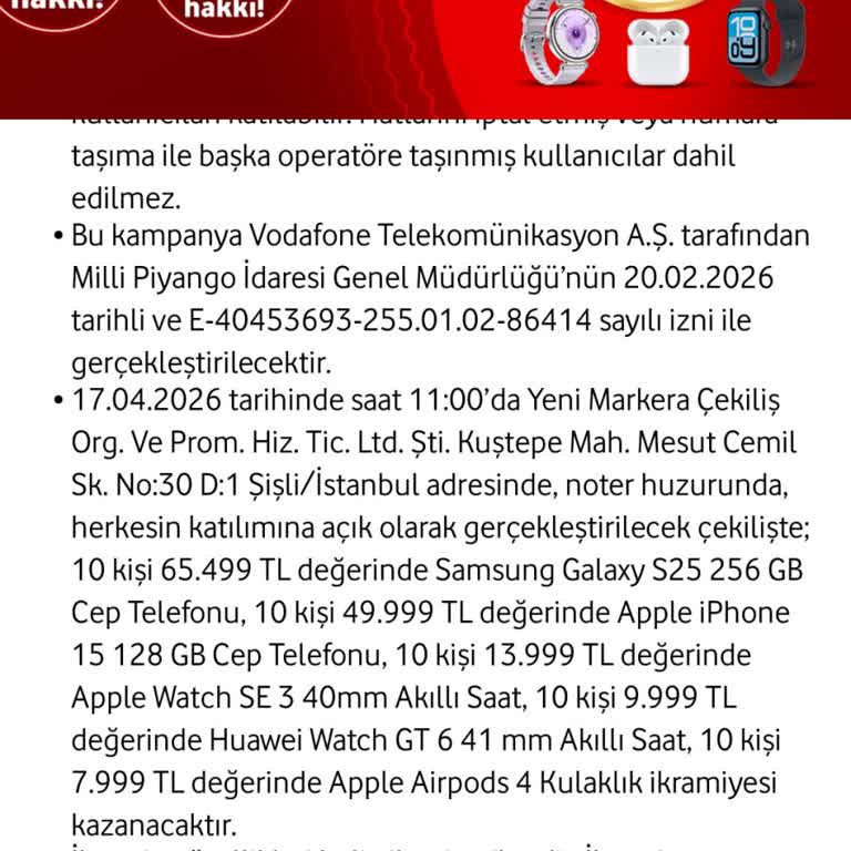 Vodafone Büyük Mart 2026 Çekiliş Sonuçlarının Açıklanmasını Talep Ediyorum