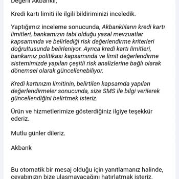 Kredi Kartı Limitimin Açıklamasız 200.000 TL'den 25.000 TL'ye Düşürülmesi