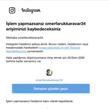 Uyarı Almadan Askıya Alınan Instagram Hesabım Açılmalı