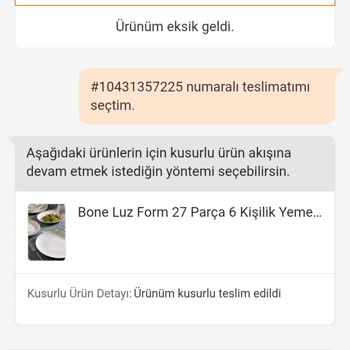 Kusurlu Yemek Takımı Değişimi Yerine Siparişimin Tek Taraflı İptali
