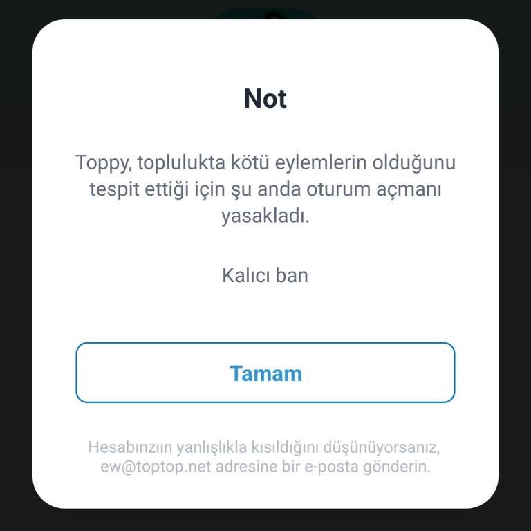 Toptop Oyunu Haksız Kalıcı Banı Ve Cevapsız Destek