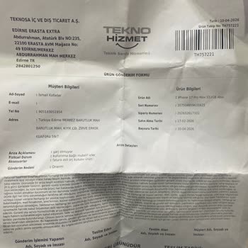 Edirne Teknosa İPhone 17 Pro Max Şarj Sorunu Ve Haksız Ücret Talebi