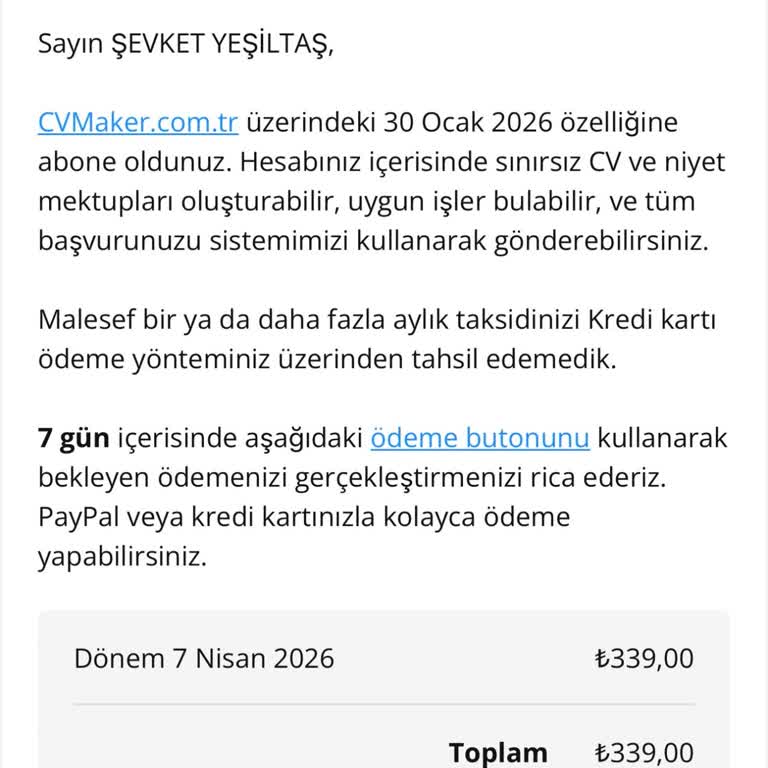 Ücretsiz CV Oluşturma İşlemi Sonrası Yetkisiz 339 TL Abonelik Ücreti Talebi