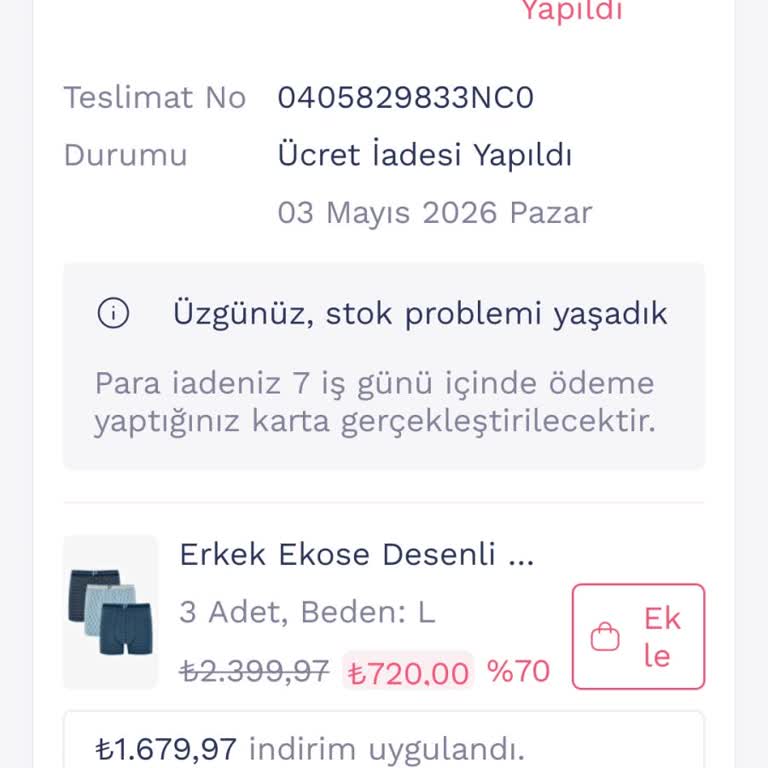 Penti Stokta Görünen Ürün İçin Teslimat Gecikmesi ve Otomatik İade Sorunu
