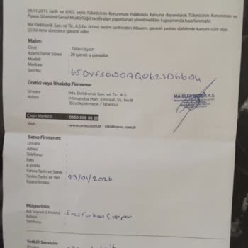 Onvo Televizyonda Görüntü Çizgisi Ve Servis Sorunu Ücret İadesi Talebi