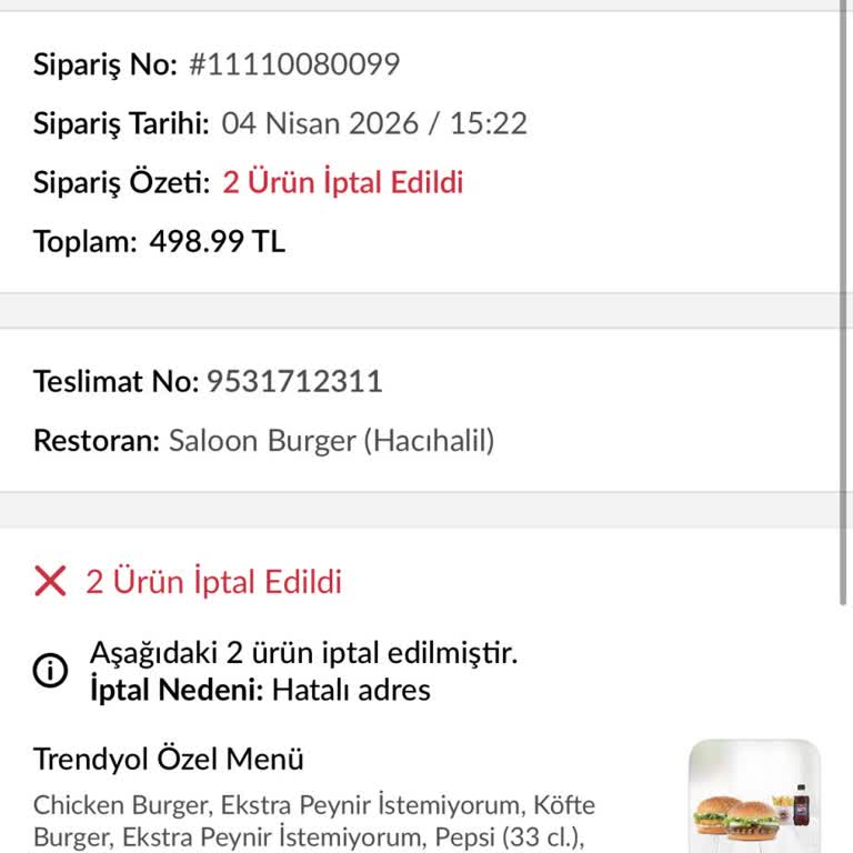 Trendyol Restoran İletişimsizliği Nedeniyle İptal Gerçekleşmedi Ve Ücret Çekildi