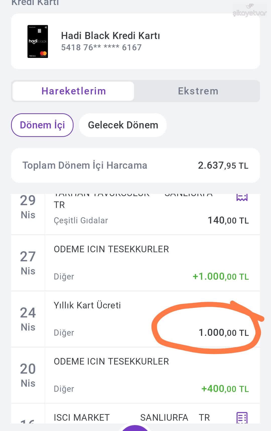 返金ページ ¥30000 Hadi - TOMBANK Tombank Hadi Black Kartıma Haksız 1000 TL Ücret