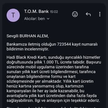 Tombank Hadi Black Kartıma Haksız 1000 TL Ücret Kesintisi