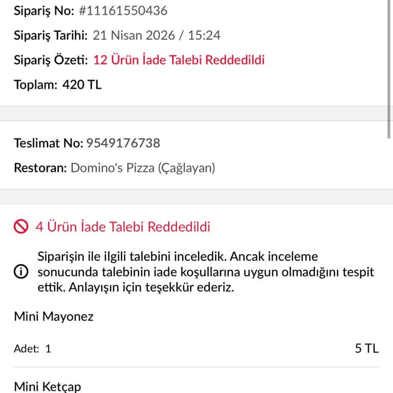 Domino’s Pizza’da Kıl Bulunması Ve Ücret İadesi Reddi