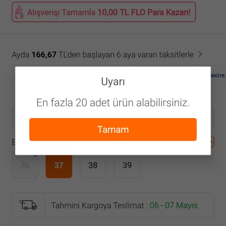Sepete Ürün Eklemeye Çalışırken 20 Adet Sınırı Hatası