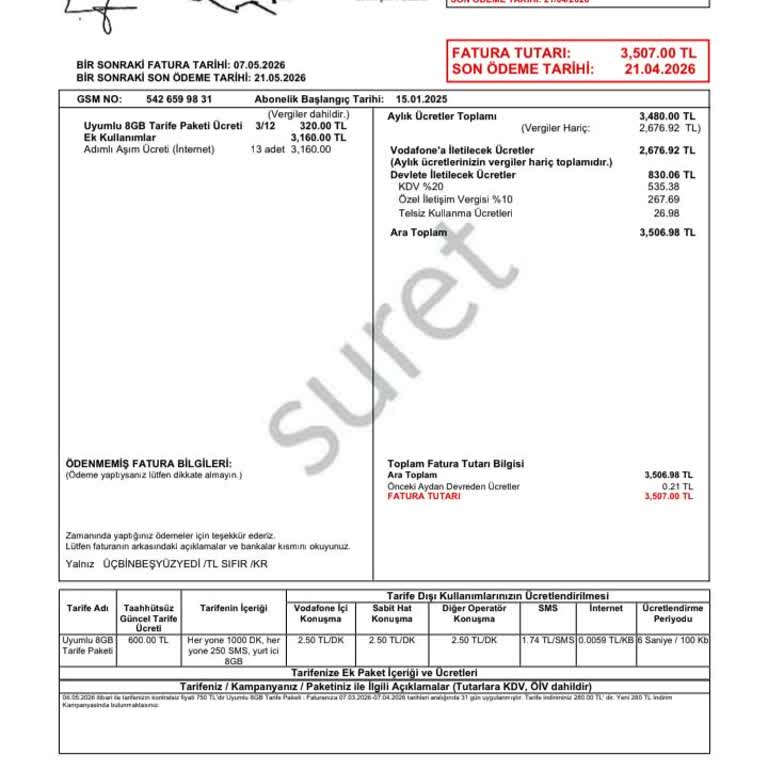 Beklenmedik 3500 TL Fatura Ve Açıklanamayan Ücret Artışı