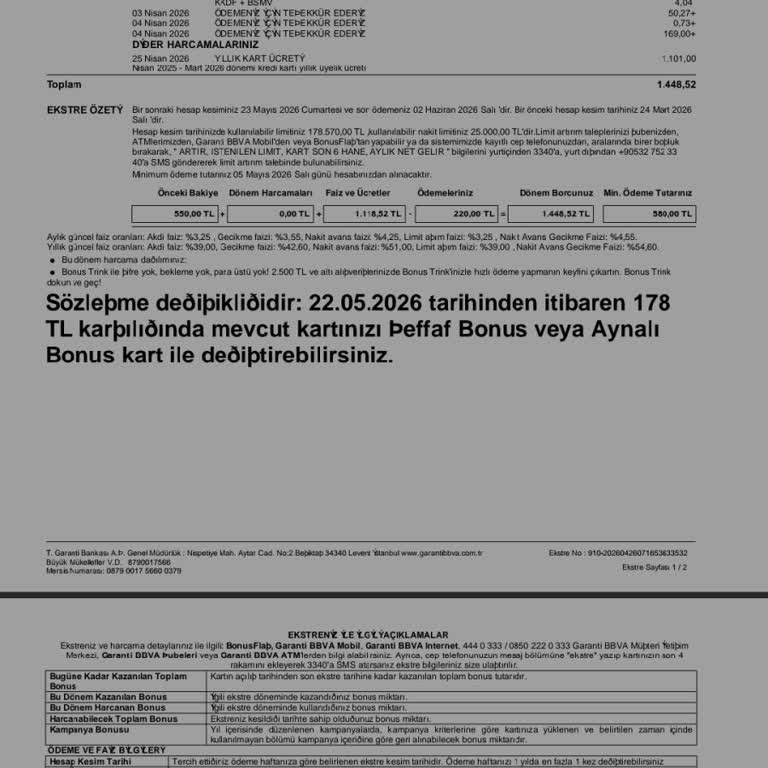 Garanti BBVA Bonus Trink Kartına Yansıtılan Yıllık Aidatın İadesi Talebi