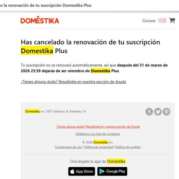 Renovación automática de Domestika tras haber cancelado antes, exijo reembolso
