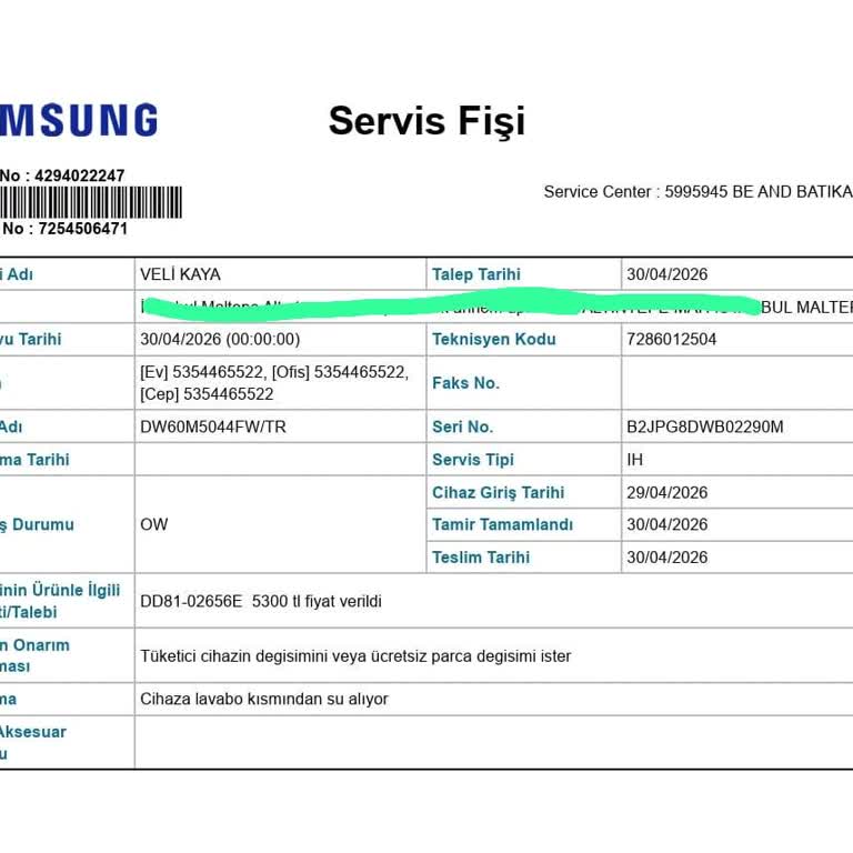 Samsung Bulaşık Makinesinde Tekrarlayan H6 Arızası Ve Garanti Kapsamında Ücretsiz Onarım Talebi