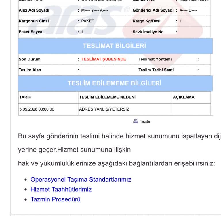Aras Kargo Safranbolu Şubesi Kargonun Teslim Edilmemesi Ve Müşteri Hizmetlerine Ulaşılamaması
