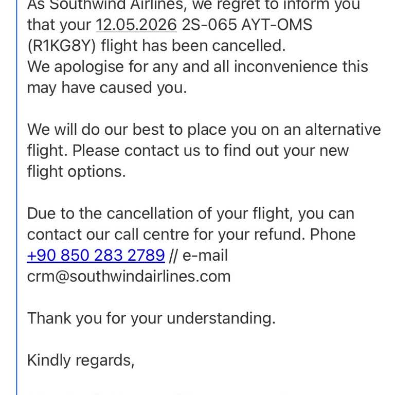 Southwind Airlines Не Возвращают Деньги За Отмененный по инициативе авиакомпании Рейс AYT–OMS