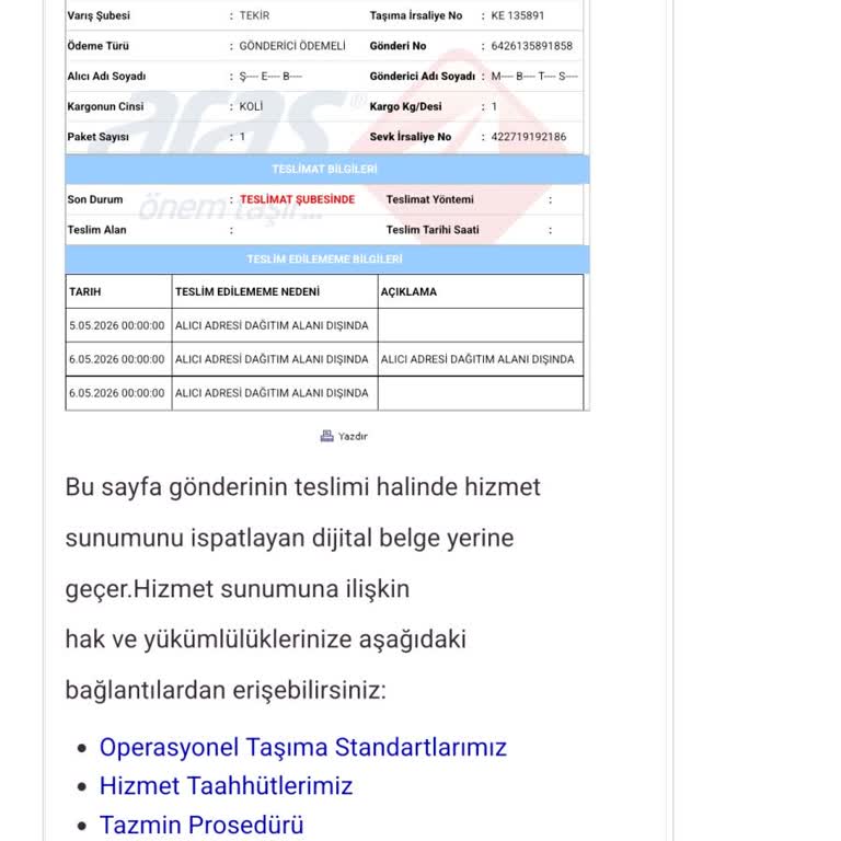 Aras Kargo Teslim Edilmemesi Ve Şube Personelinin Saygısız Davranışı