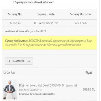 İade Edilen Kot Ceketin Ücret İadesi 7 Mayıs'a Kadar Gelmedi