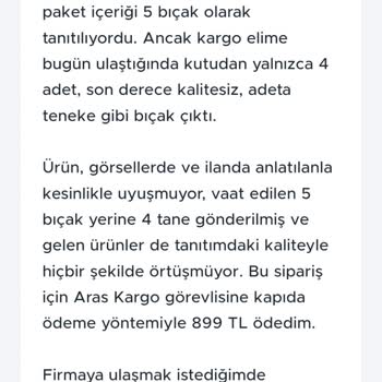 Tev Tekstil Beş Bıçak Seti Dört Teneke Bıçak Olarak Geldi, İade Ve Para İadesi Talebi