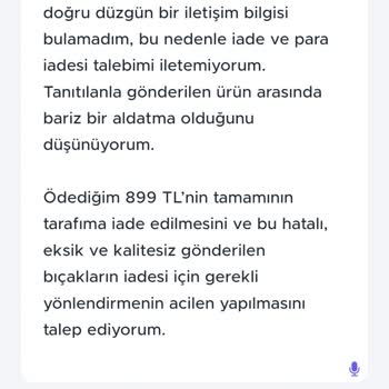 Tev Tekstil Beş Bıçak Seti Dört Teneke Bıçak Olarak Geldi, İade Ve Para İadesi Talebi