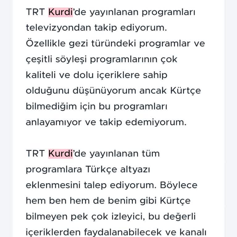 TRT Kürdi Programlarına Türkçe Alt Yazı Ekleme Talebi