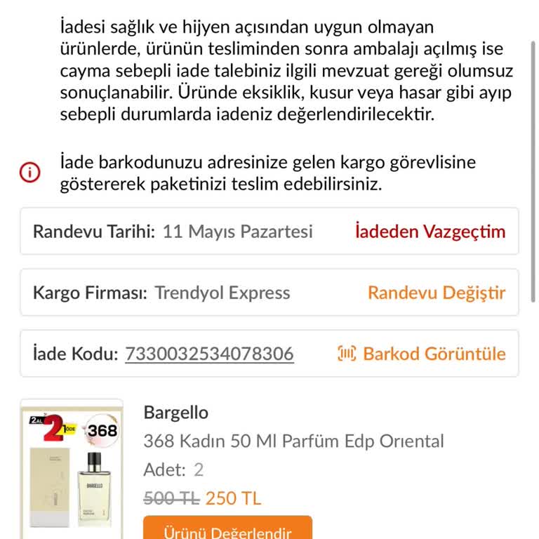 Bargello’dan Açılmış Parfümler Gönderildi, İade Talebim Reddedildi