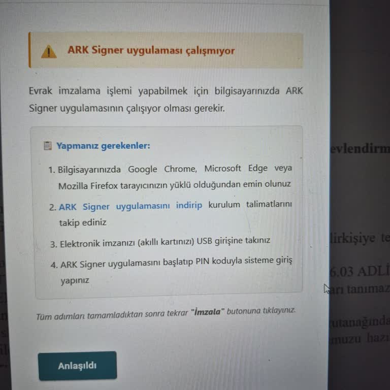 Arksigner E-İmza Çalışmıyor, Belgelerim İmzalanamıyor