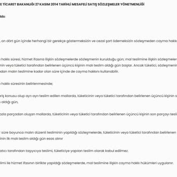 İnternet Sitesindeki 14 Gün Cayma Hakkı İfadesiyle Uymayan İade Reddi