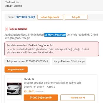 Trendyol Yanlış Gönderilen Farlar Ve İade Reddi Nedeniyle Toplam 17.150 TL Tazminat Talebi