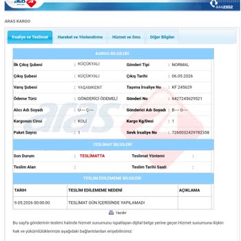 Aras Kargo Yaşamkent Şubesi Kargom 3 Gün Gecikmiş Teslim Edilmedi