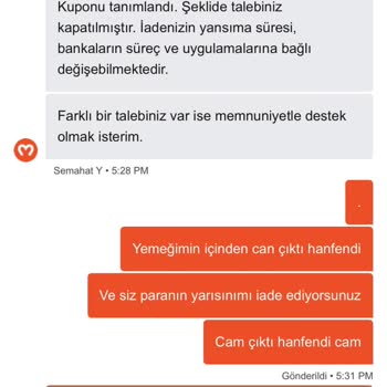 Cam Parçası İçeren Yemekte Sağlık Riski Ve Tam İade Talebi