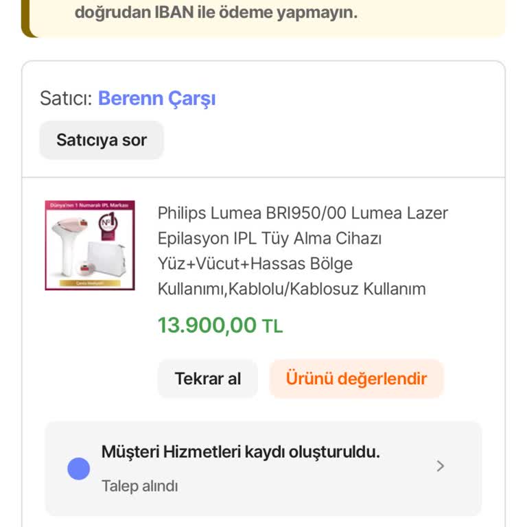 Hepsiburada Orijinal Olmayan Philips Lumea Cihazı ve Yanık Riski İçin İade Talebi