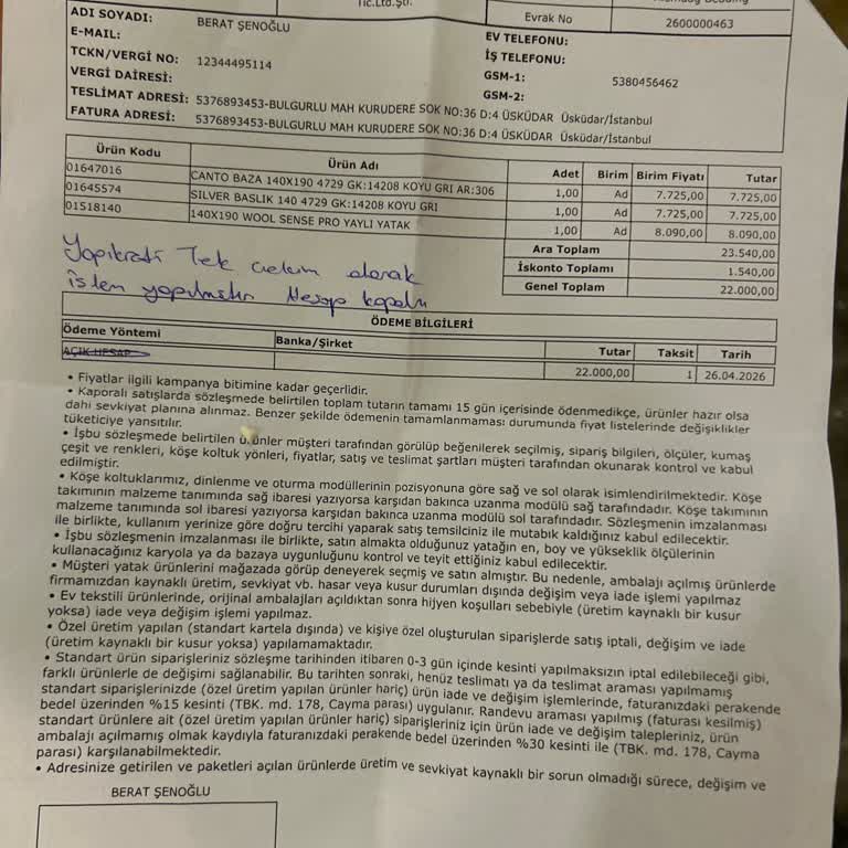 Yataş’tan Alınan Baza, Başlık Ve Yatak Teslim Edilmemesi Ve 22.000 TL İade Talebi