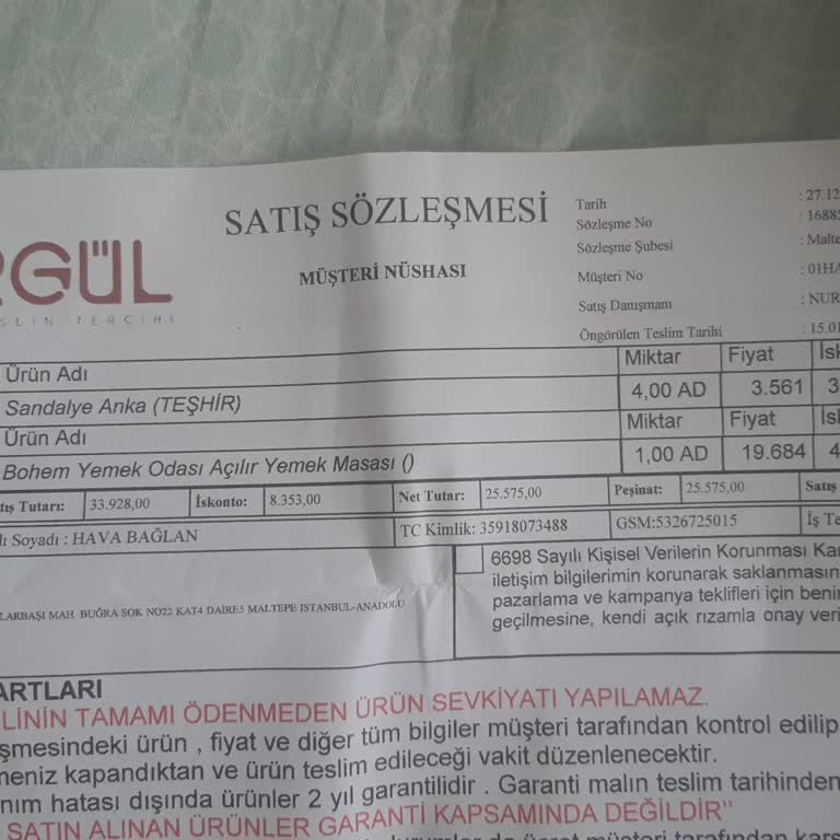 Ergül Mobilya’da Defolu Bohem Yemek Masası Ve İlgisiz Servis Nedeniyle Uzun Süreli Bekleyiş