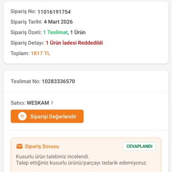 Trendyol Ve Satıcı Parça Tedarik Edemeyerek Onarım İsteğimi Reddetti