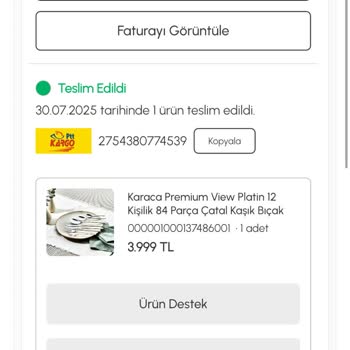Paslanan Çatal Kaşık Bıçak Setine Servis Sürecinde Fatura Eksikliği Nedeniyle Geri Gönderilmesi