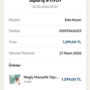 Ödenen 1.299 TL’lik Magly Magnetic Blocks Siparişi Teslim Edilmedi Ve İade Talep Ediyorum