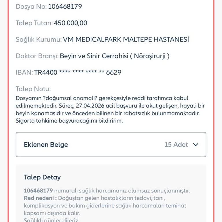 Acil Beyin Kanaması Masrafı Doğuştan Hastalık Gerekçesiyle Reddedildi
