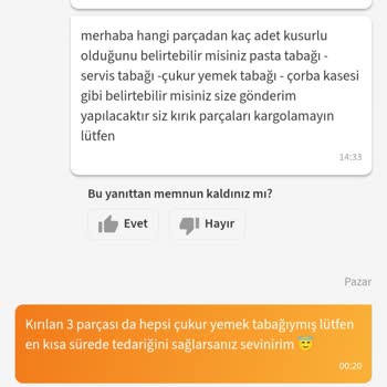 Kırık Çukur Yemek Tabağı İçin Yedek Parça Gönderilmedi