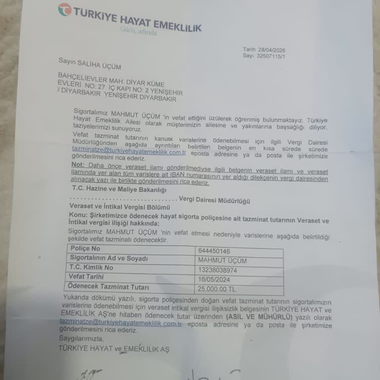 Türkiye Hayat Emeklilik'te Vefat Tazminatı Ödemesinin Gecikmesi Ve Cevapsızlık